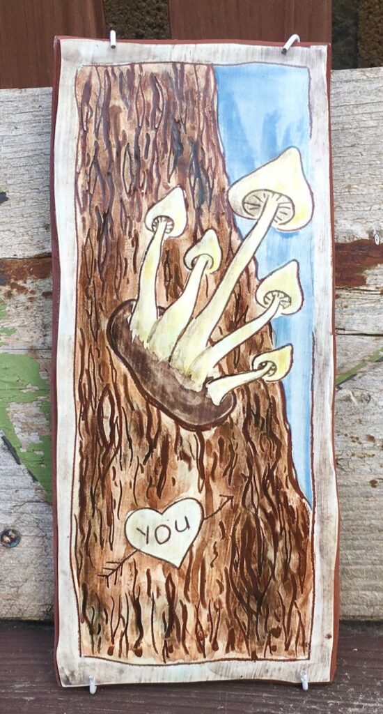 Hand Carved Mushroom Tile - Glazed Terracotta Trivet or Wall Hanging