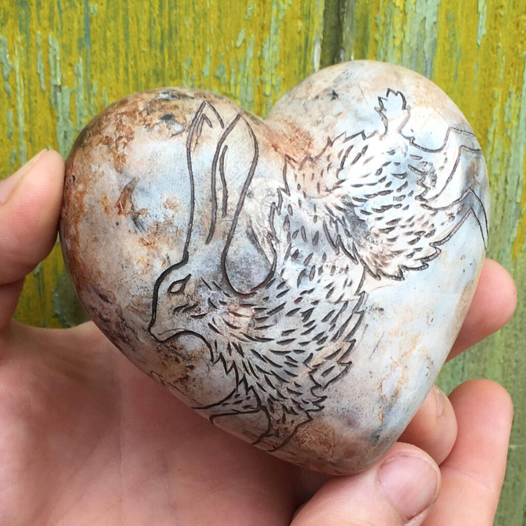 Hand Carved Earthenware Heart Rattles - Hare Design