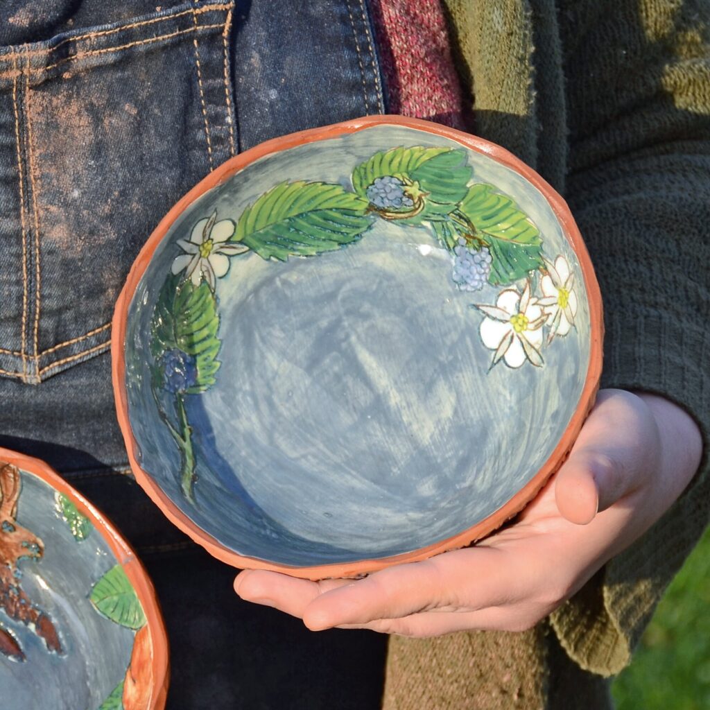 Hand Carved Bramble Berry Bowl, Earthenware Dishware
