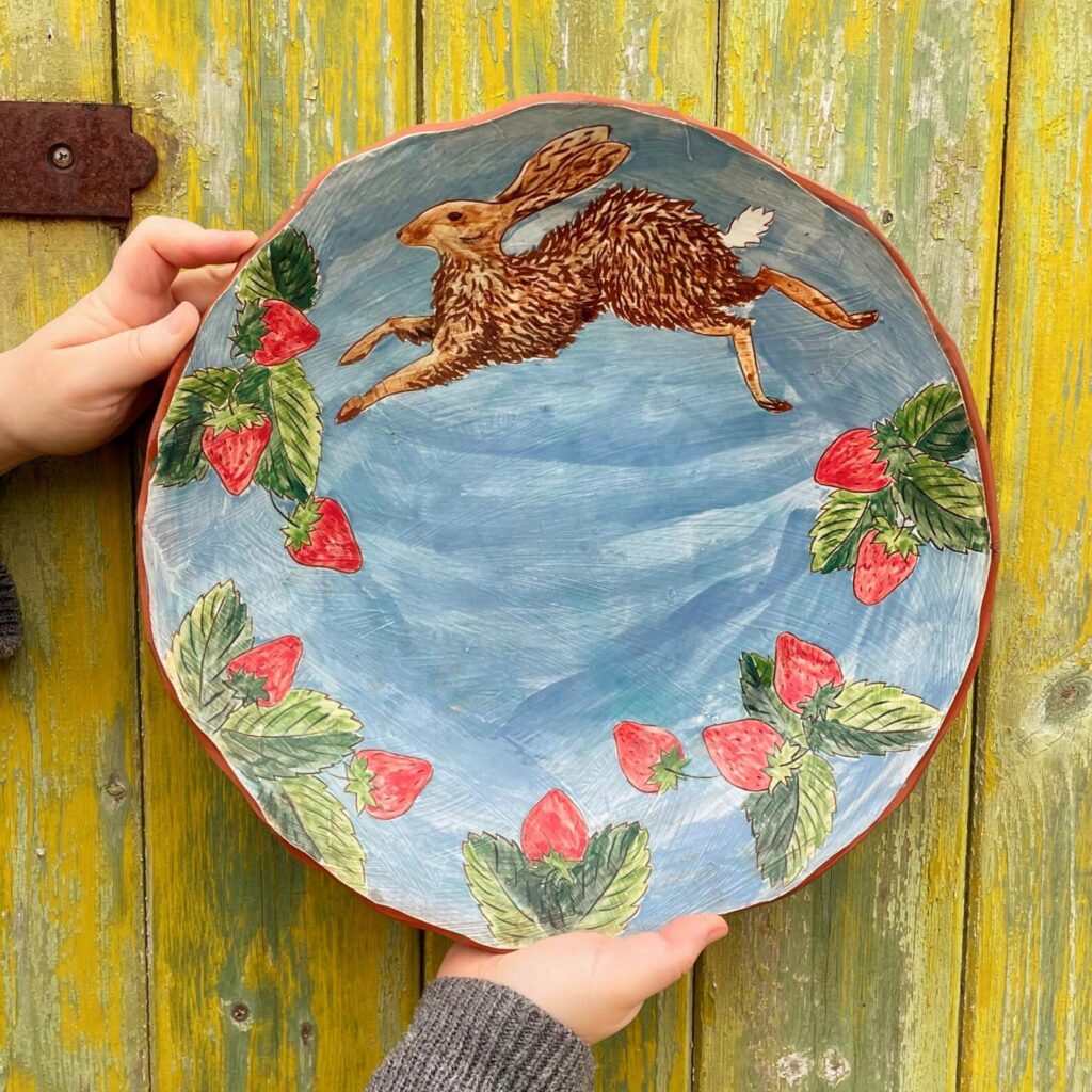Strawberry Hare Handcarved Painted Platter