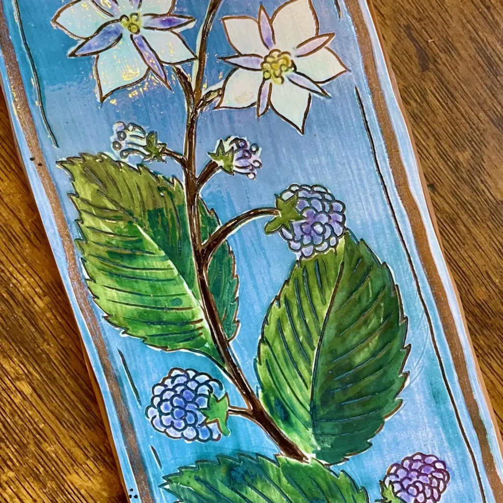 Hand Carved Blackberry Tile - Glazed Terracotta Trivet or Wall Hanging